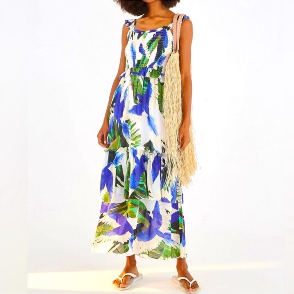 FARM Rio Blue Wind Maxi Dress Leaf Parrot Bird Macaw Print Size large